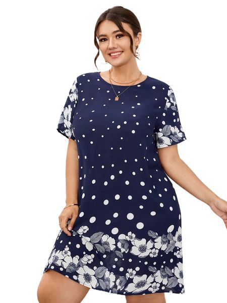 

plus floral & polka dot print dress g2pa#, Black