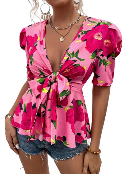

floral print puff sleeve knot front peplum blouse d5qs#, White