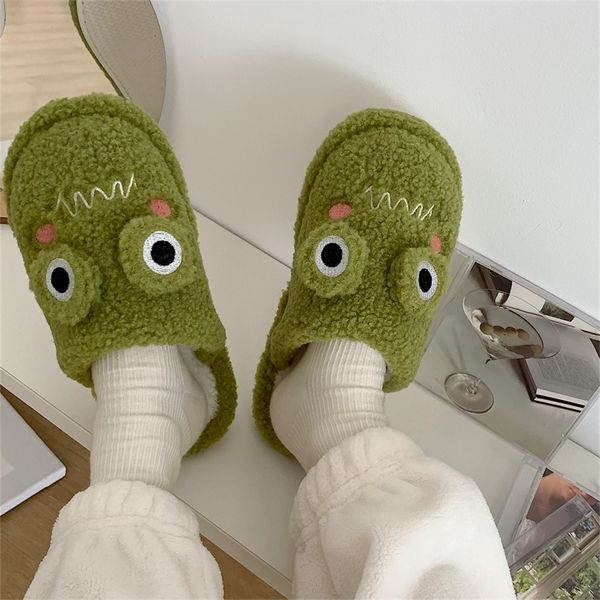 

girl heart cotton slippers female autumn and winter cartoon cute frog knot plush nonslip indoor confinement shoes household 220725, Black