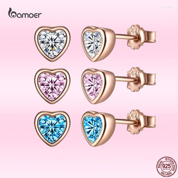 Stud Bamoer Echtes 925 Sterling Silber Klassische Herz Form Ohrringe Luxus Rose Gold Überzogen Für Frauen Elegante JewelryStud Kirs22