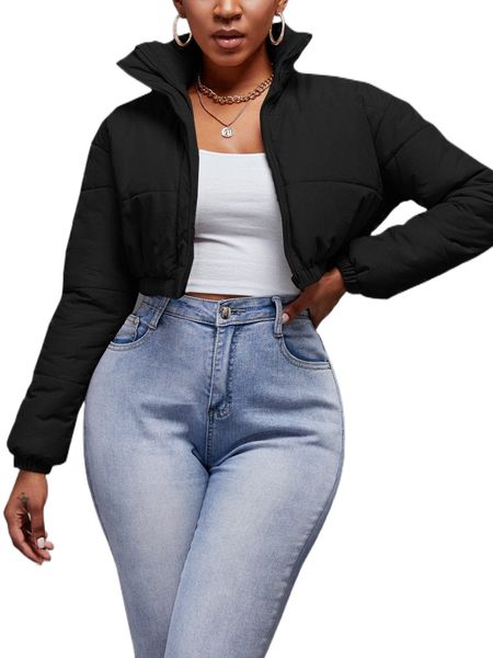 

sxy solid zip-up crop puffer coat j4db#, Black