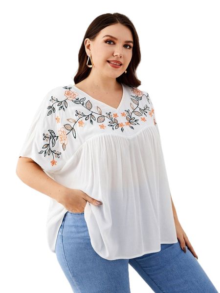 

plus floral embroidery peplum 04nq#, Black