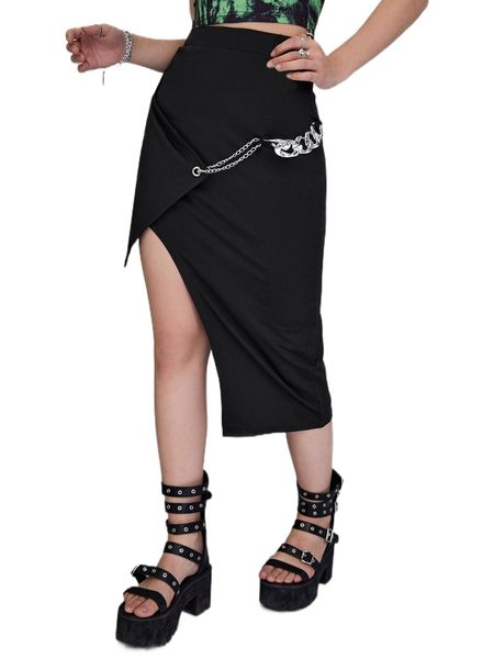 

high waist chain detail asymmetrical hem skirt 07f8#, Black