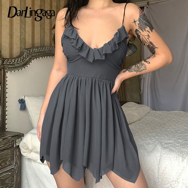 

darlingaga vintage fairycore grunge strap y2k pleated dress female ruffles patchwork dark academia summer dresses irregular, Black;gray