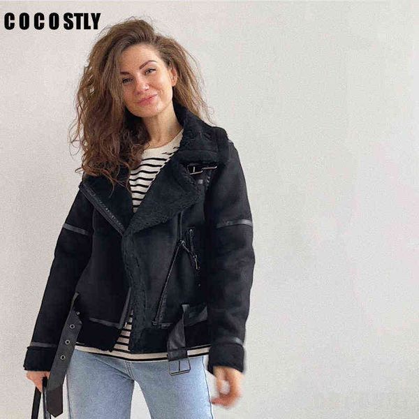 

2022 winter new women jackets thick lamb suede biker jacket casual black short faux leather jacket female warm outfit ladies j220727