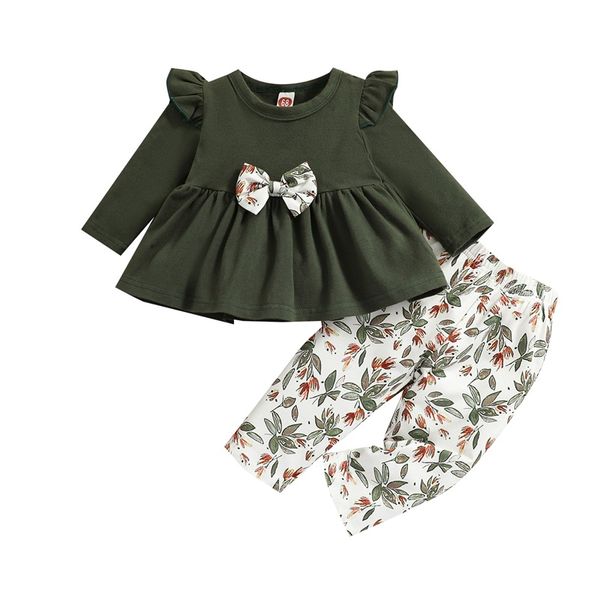 2pcs bebek giyim setleri koyu yeşil pamuk uzun kollu bowknot üst ve tüm yapraklar basılı pantolon kıyafetleri seti 1043 e3
