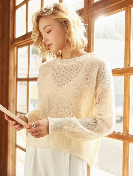 

knit mix pointelle knit solid sweater without camisole d5kv#, White;black
