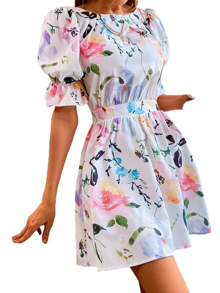 

random floral print shirred backless dress v0bw#, Black;gray