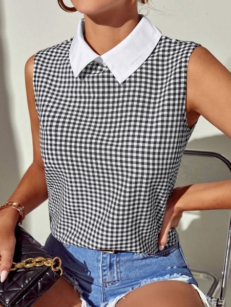 

gingham contrast collar sleeveless blouse b5th#, White