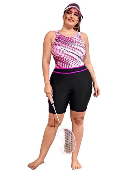 

plus brush print one piece swimsuit h6ni#, White;black