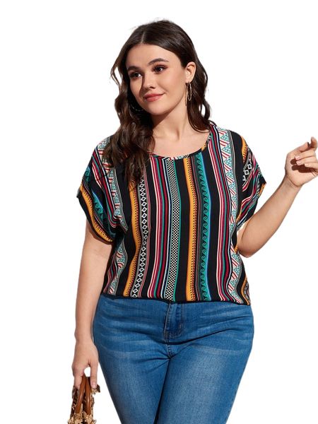 

plus vertical striped & geo print batwing sleeve blouse e5ae#, Black