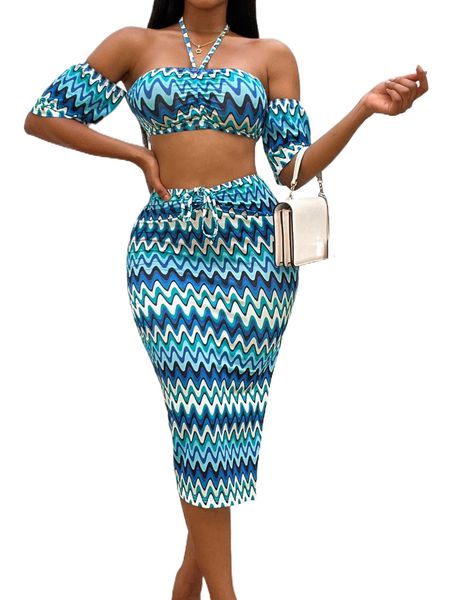 

sxy random chevron print crop halter & tie front split thigh skirt p4on#, White