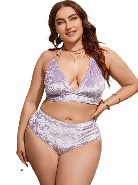 

plus velvet ring linked tie back halter bikini swimsuit j46z#, White;black