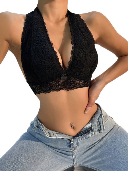 

floral lace halter bra e3yg#, Black;red