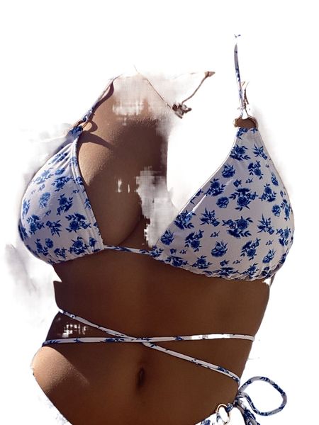 

ditsy floral print ring linked tie back triangle bikini w2dm#, White;black