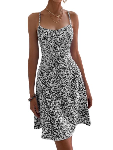 

sweetheart criss cross backless ditsy floral print cami dress 46lg#, Black;gray