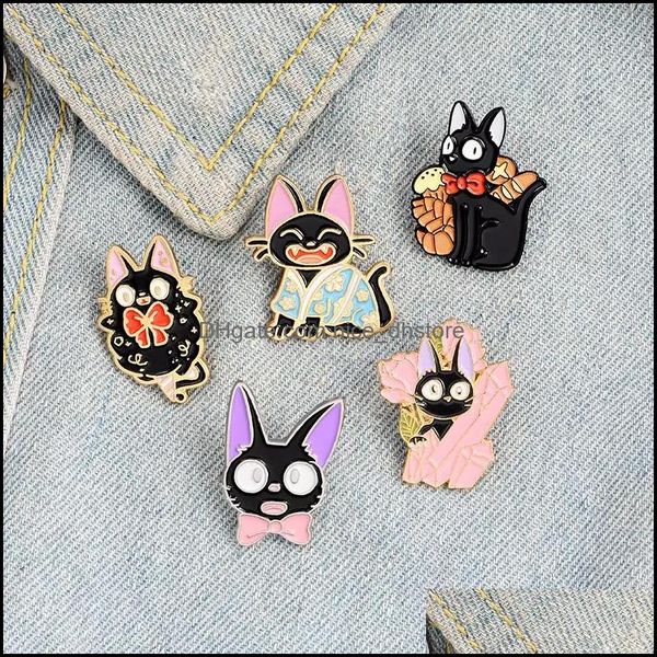 J￳ias de joias pinsbroachos preto gato jiji pinos de desenho animado filme de desenho animado Broches de animais personalizados para chap￩u de chap￩u de saco de lapela colar jewe dhtnm