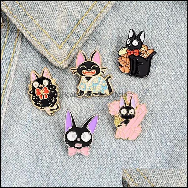 J￳ias de joias pinsbroachos preto gato jiji pinos de desenho animado filme de desenho animado Broches de animais personalizados para chap￩u de chap￩u de saco de lapela colar jewe dhtnm