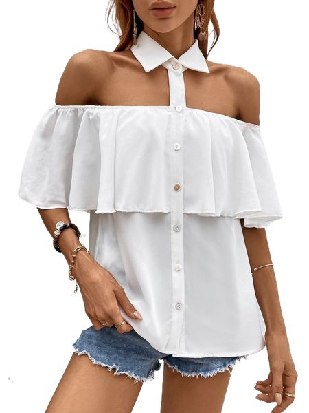 

cold shoulder ruffle trim blouse e3xx#, White