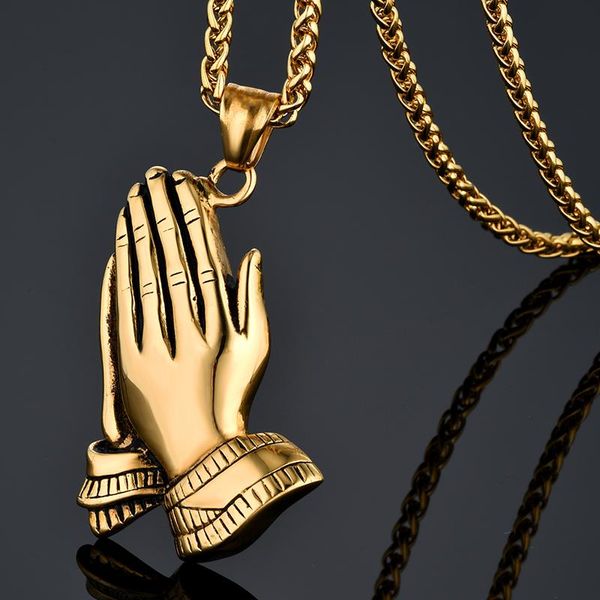 Collane con ciondolo Collana di preghiera di Gesù in acciaio inossidabile da uomo Colore oro Hiphop Mani in preghiera Catena a 2 usi 20 