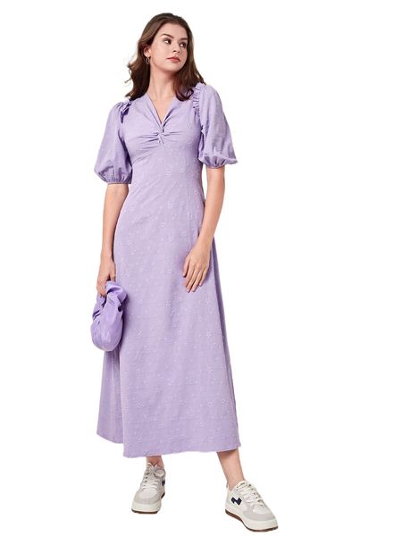 

puff sleeve twist front jacquard dress i5uh#, Black;gray