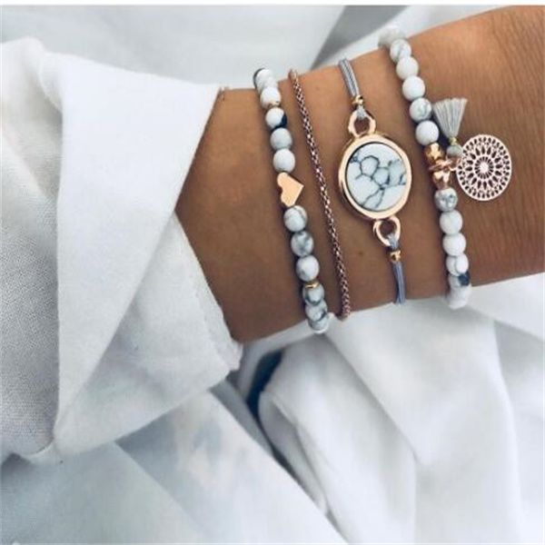 

boho pop stone beads charm bracelets set women metal heart round fringe charm bracelet fashion jewelry ab651, Golden;silver
