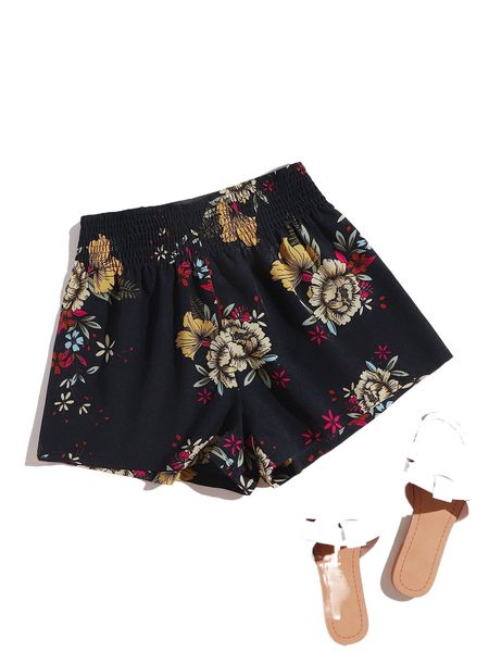 

shirred waist floral shorts z94i#, White;black