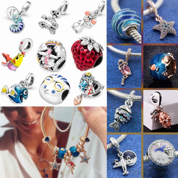 925 Gümüş Fit Pandora Charm 925 Bilezik 2022 Yaz Takamları Kaplumbağalar Uçak Küresel Boncuk Dangle Charms Set Kolye Diy İnce Boncuk Takıları