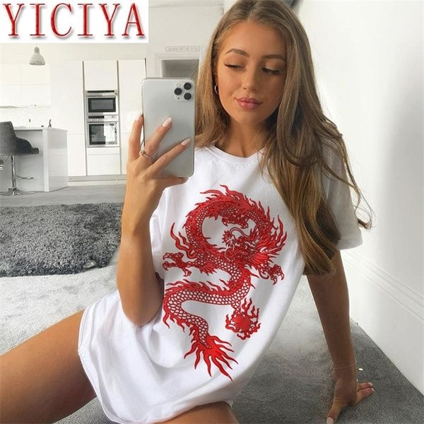 

yiciya women white dragon printing t-shirt women large size short sleeve casual oversized long basic shirts t-shirts ladies 210311