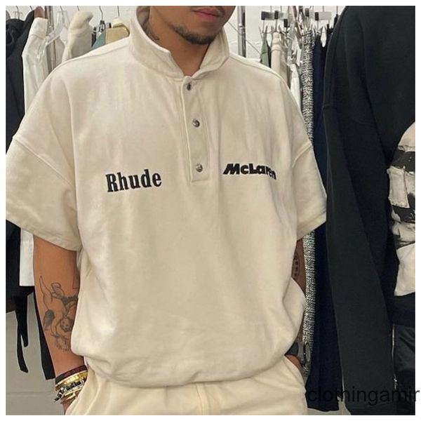

rhude tshirt streetwear mens t shirt casual fashion x mclaren letter embroidered lapel pullover pearl ground cotton men's short sleeve, White;black