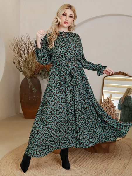

plus leopard print flounce sleeve tie neck belted dress 47jr#, Black