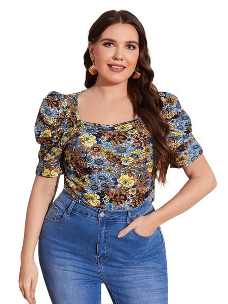 

plus allover floral print puff sleeve tee n5qd#, Black