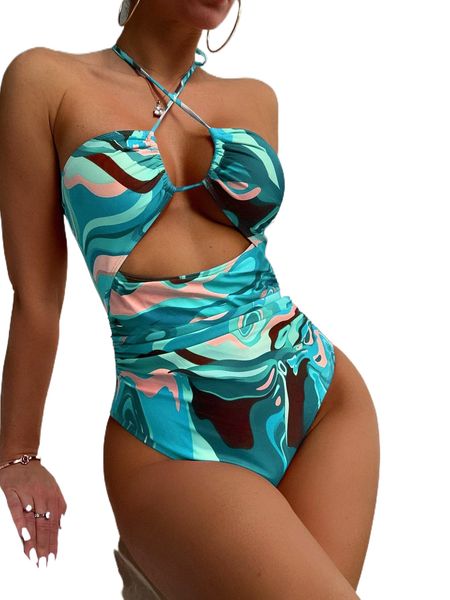 

fluid pattern ruched halter one piece swimsuit y1ww#, White;black