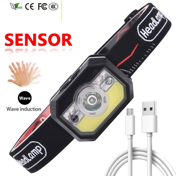 Nuovo sensore XP-G Q5 Lampada frontale Torcia frontale a LED integrata Batteria ricaricabile USB Lampada frontale Lanterna impermeabile Luci di marcia