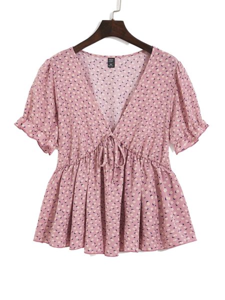 

plus ditsy floral puff sleeve tie front peplum blouse f2su#, Black