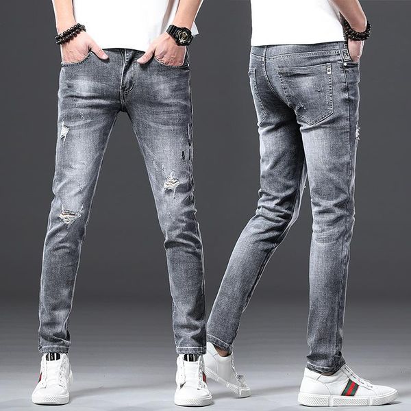 

jeans men39s slim fit leggings korean pants spring summer autumn casual mens m36o, Blue