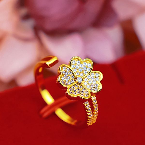 

4-leaf womens girls ring lovely micro paved cubic zirconia inlaid 18k yellow gold filled classic romantic jewelry gift, Golden;silver