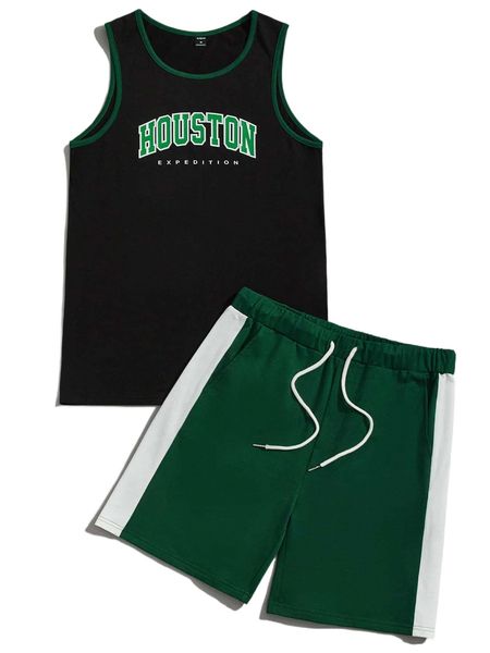 

men letter graphic contrast binding tank & drawstring waist shorts 06cv#, Gray