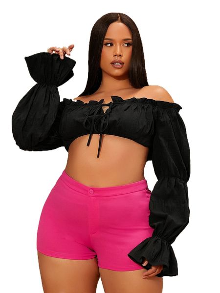 

sxy plus off shoulder flounce sleeve h1vy#, Black