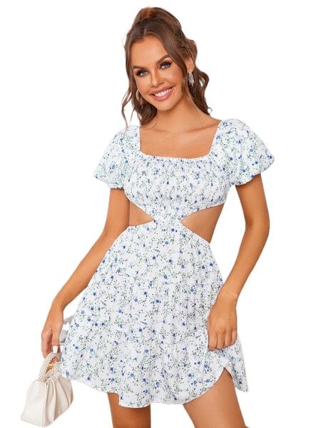 

parthea ditsy floral square neck puff sleeve shirred cut out ruffle hem dress r9zo#, Black;gray