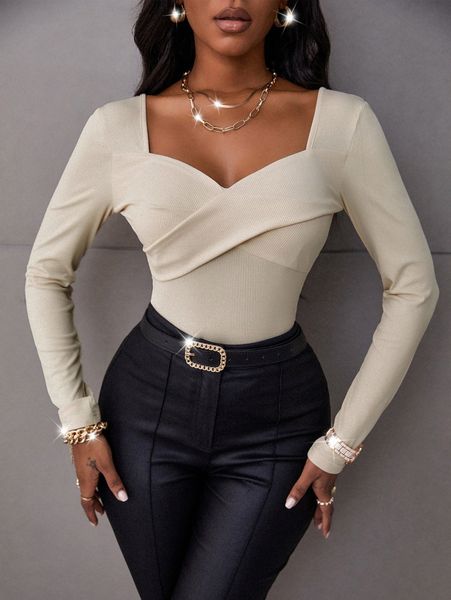 

sxy ribbed knit sweetheart neck tee g1dw#, White