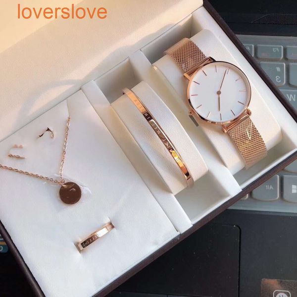 

dclassic couple quartz movement watch bracelet necklace earrings ring 5-piece set box steelbelt nylon gift first choice for high-end mw, Slivery;brown