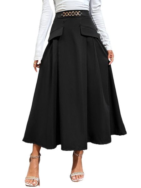 

chain waist flap detail skirt j2rb#, Black