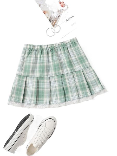 

lace trim tartan skirt 07w5#, Black