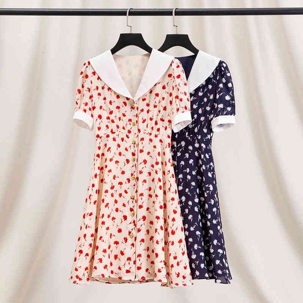 

casual dresses french miu navy collar bubble sleeve beautiful international famous brand silk mulberry dress broken flower tea break a word, Black;gray