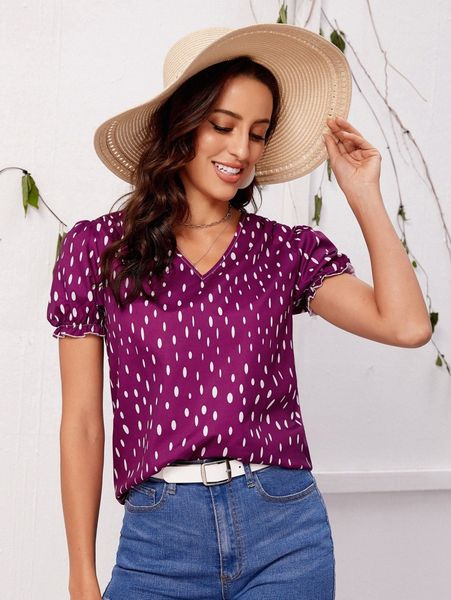 

geo print puff sleeve blouse 38tf#, White