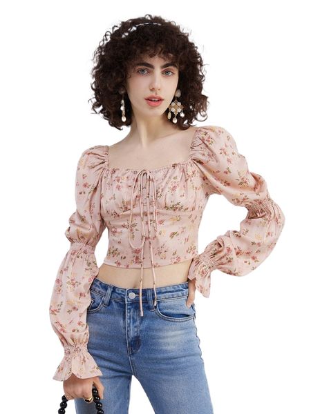 

floral print tie front gathered sleeve shirred back blouse d8bx#, White