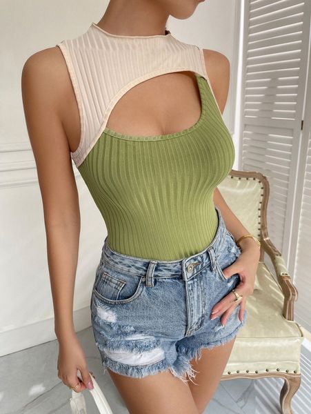 

two tone cut out bodysuit a5m4#, White