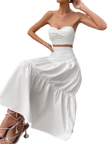 

solid twist front tube & ruffle hem skirt l3ck#, White