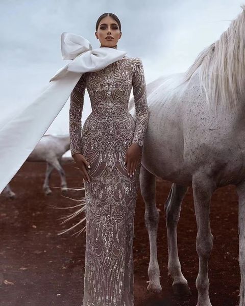 

new arrival lace appliques mermaid wedding dress sequins beads with bow tie long sleeves floor length high neck slim stylish custom made bri, White